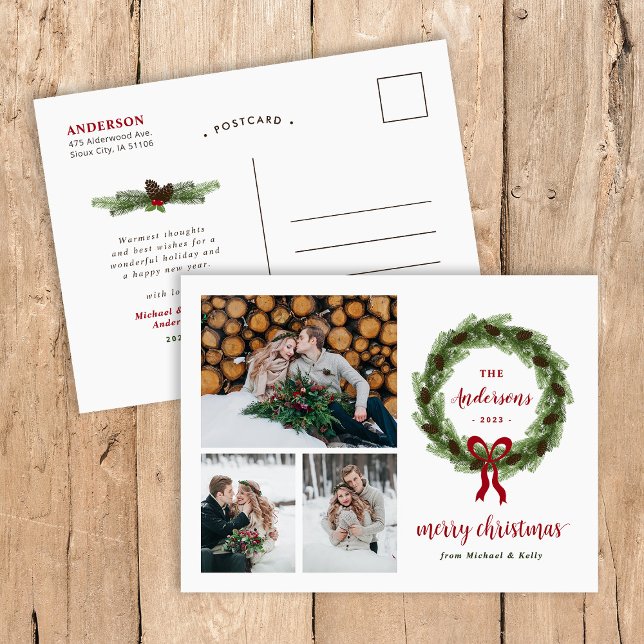 Cartão Postal De Festividades Pine Wreath Feliz Natal 3 Foto (Criador carregado)