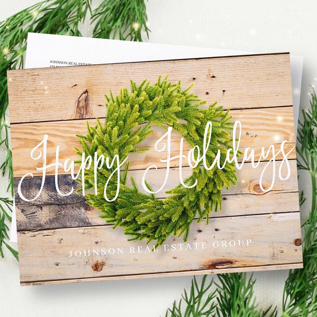 Cartão Postal De Festividades Pine Wreath na madeira | Saudações de Feriados Fel (Criador carregado)