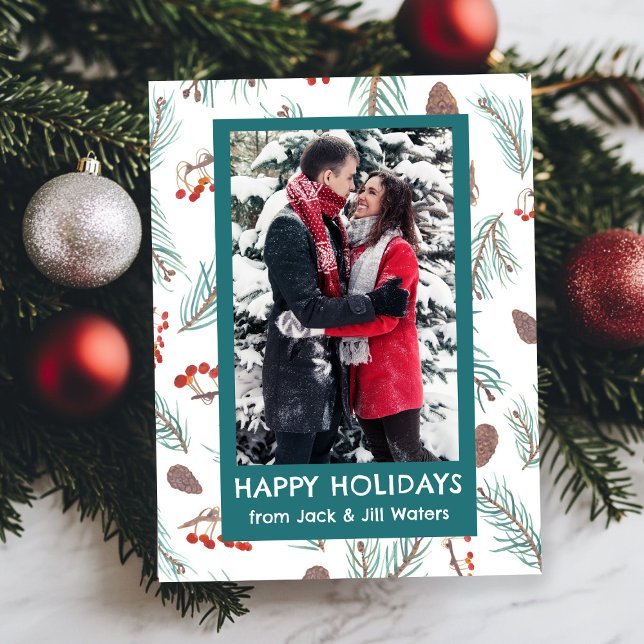 Cartão Postal De Festividades Pinecones Watercolor Berries FOTO PERSONALIZADA (Watercolor Pinecones Berries CUSTOM PHOTO Holiday Christmas Postcard
)