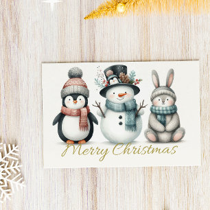Cartão Postal De Festividades Pinguim Adorável, Boneco de Neve & Coelho “Feliz N
