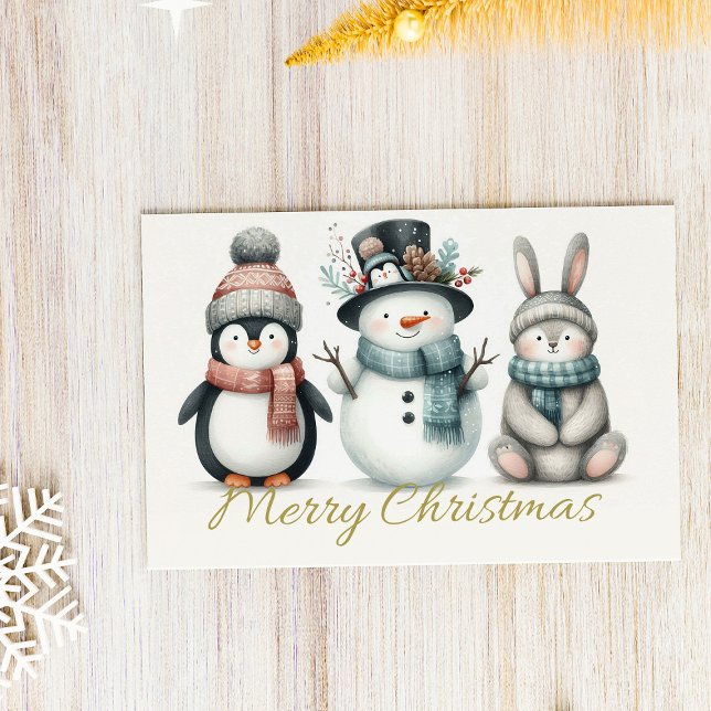 Cartão Postal De Festividades Pinguim Adorável, Boneco de Neve & Coelho “Feliz N (Criador carregado)