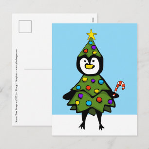 Cartão Postal De Festividades Pinguim Árvore de Natal