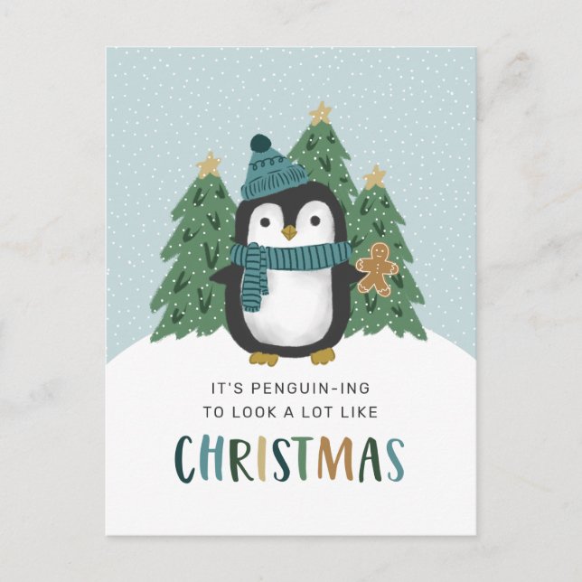 Cartão Postal De Festividades Pinguim Bonito Engraçado Pinguim de Natal (Frente)