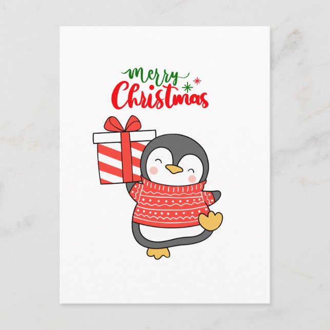 Cartão Postal De Festividades Pinguim Bonito Feliz Natal (Frente)
