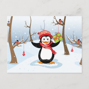 Cartão Postal De Festividades Pinguim com paisagem do inverno do presente do