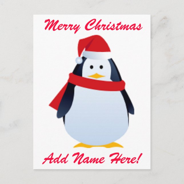 Cartão Postal De Festividades Pinguim De Natal Num Chapéu De Papai Noel (Frente)
