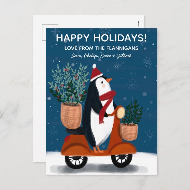 Cartão Postal De Festividades Pinguim no Patinete de Natal Fofo (Frente/Verso)