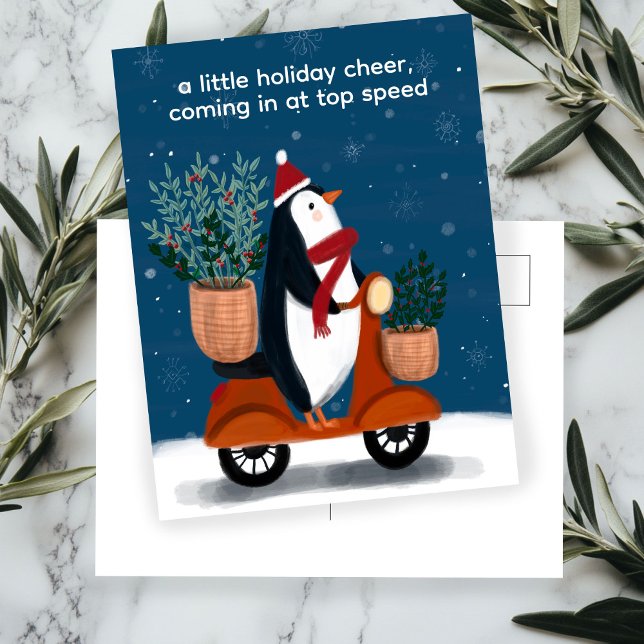 Cartão Postal De Festividades Pinguim no Patinete de Natal Fofo (Penguin on Scooter Cute Christmas Custom Holiday Postcard
)