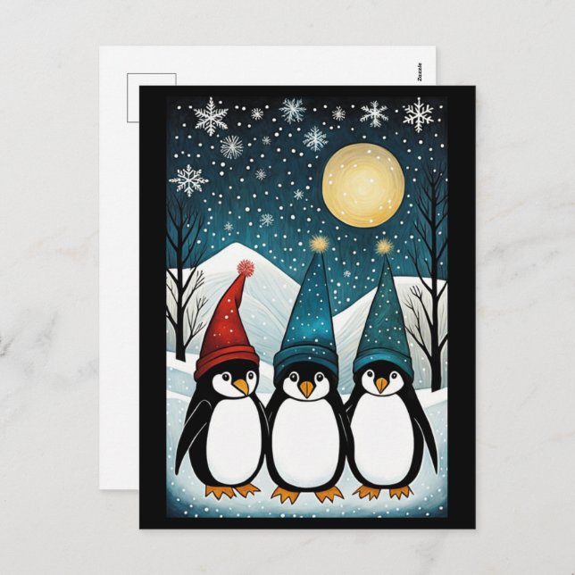 Cartão Postal De Festividades Pinguim Papais noeis da Montanha Snowy no Natal (Frente/Verso)