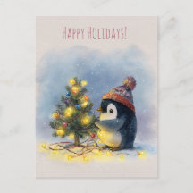 Pinguim pequeno decora minúscula árvore de Natal,