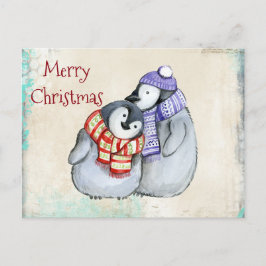 Cartão Postal De Festividades Pinguins bonitos no natal das escarpas e chapéus