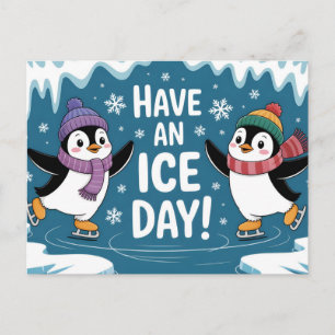 Cartão Postal De Festividades Pinguins Fofos Patinando Cartoon, Tenha um Dia de