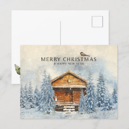 Cartão Postal De Festividades Pinheiro e casa de madeira de inverno