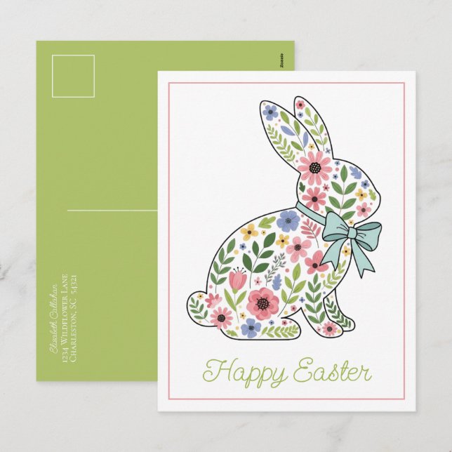 Cartão Postal De Festividades Pink and Blue Wildflower Easter Rabbit (Frente/Verso)