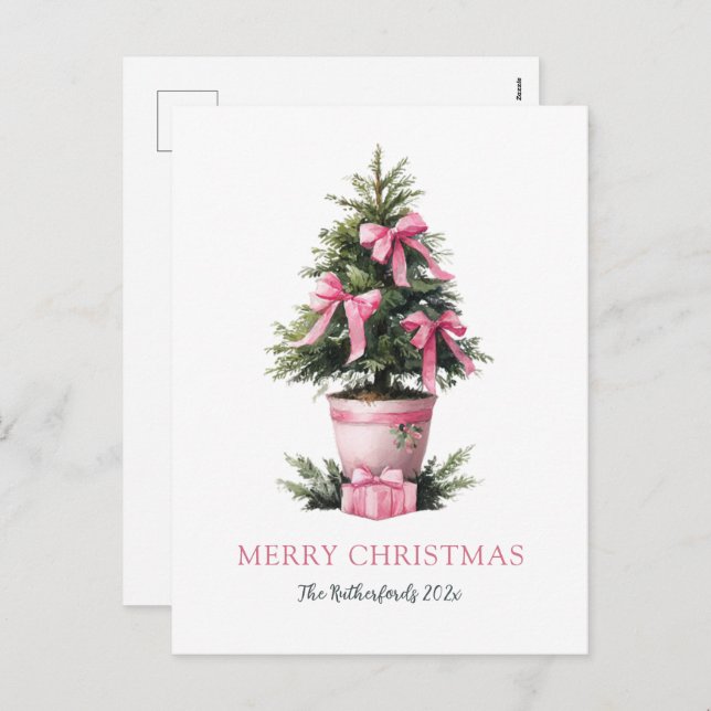 Cartão Postal De Festividades Pink Bows Merry Christmas Tree Postcard (Frente/Verso)