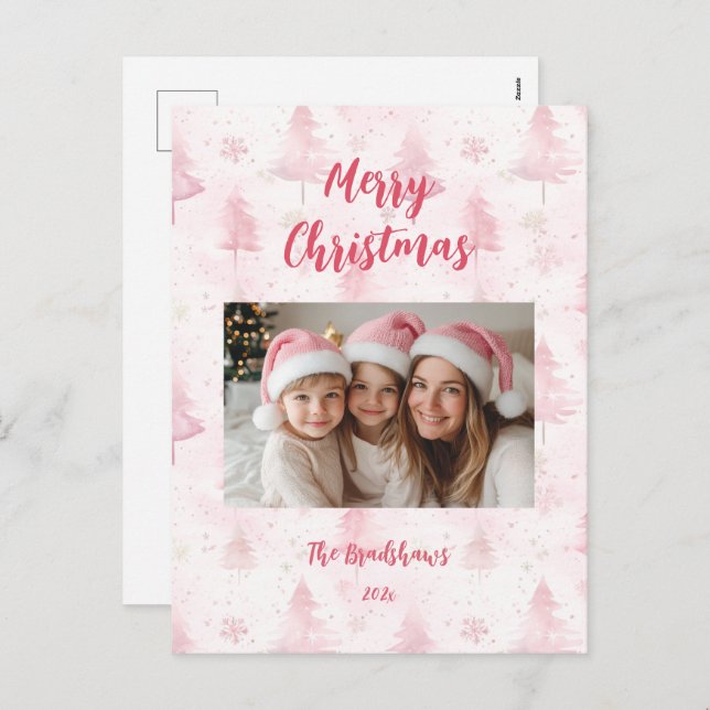Cartão Postal De Festividades Pink Christmas Pine Trees Photo Holiday Postcard (Frente/Verso)