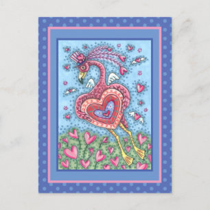 CARTÃO POSTAL DE FESTIVIDADES PINK FLAMINGO CUPID AND FLYING HEARTS VALENTINE