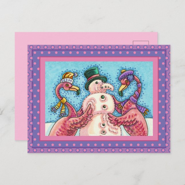 CARTÃO POSTAL DE FESTIVIDADES PINK FLAMINGOS FAZEM NEVE, AVES DE NATAL ENGRAÇADO (Frente/Verso)
