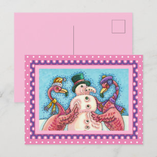 CARTÃO POSTAL DE FESTIVIDADES PINK FLAMINGOS FAZEM NEVE, AVES DE NATAL ENGRAÇADO