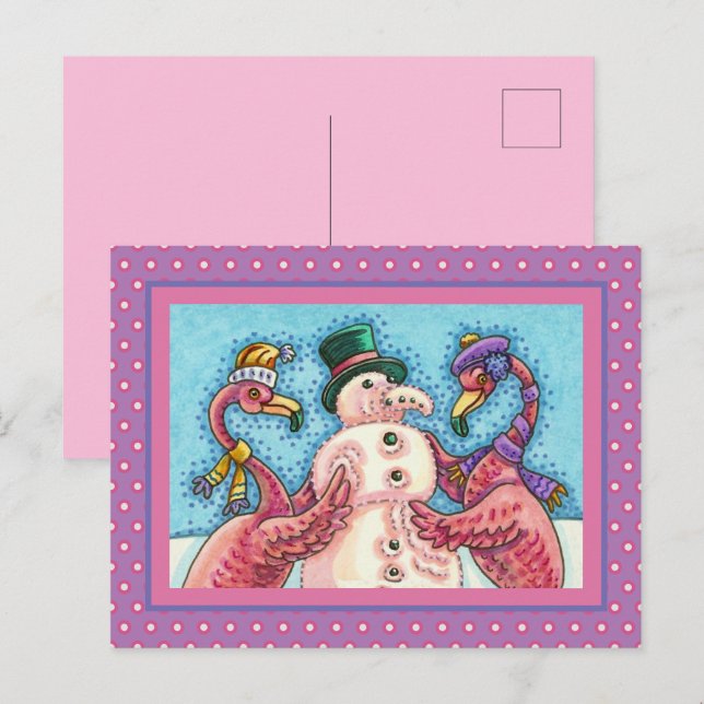 CARTÃO POSTAL DE FESTIVIDADES PINK FLAMINGOS FAZEM NEVE, AVES DE NATAL ENGRAÇADO (Frente/Verso)