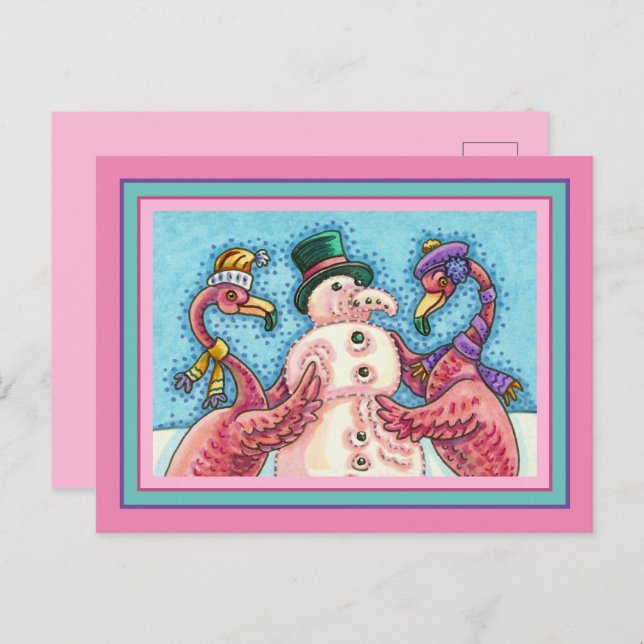 CARTÃO POSTAL DE FESTIVIDADES PINK FLAMINGOS FAZEM NEVE, AVES DE NATAL ENGRAÇADO (Frente/Verso)