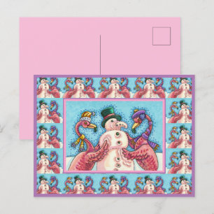 CARTÃO POSTAL DE FESTIVIDADES PINK FLAMINGOS FAZEM NEVE, AVES DE NATAL ENGRAÇADO