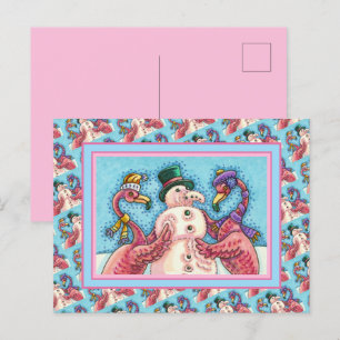 CARTÃO POSTAL DE FESTIVIDADES PINK FLAMINGOS FAZEM NEVE, AVES DE NATAL ENGRAÇADO