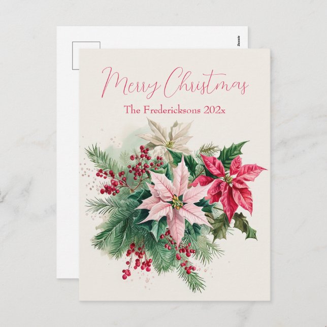 Cartão Postal De Festividades Pink Poinsettias Elegant Christmas Postcard (Frente/Verso)