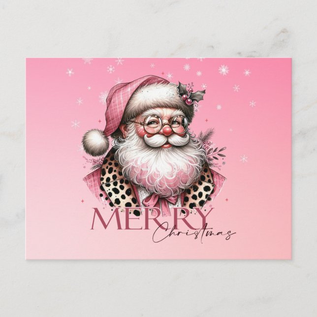 Cartão Postal De Festividades Pink Retro Papai Noel Feliz Natal (Frente)
