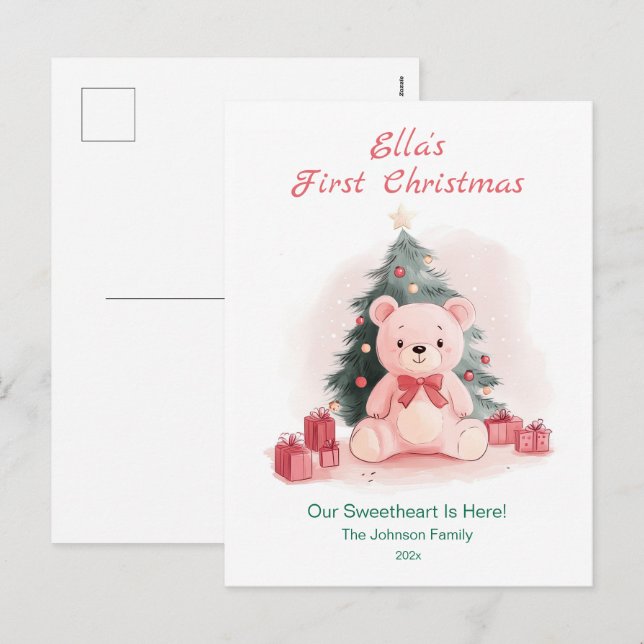 Cartão Postal De Festividades Pink Teddy Bear First Christmas Postcard (Frente/Verso)