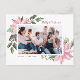 Cartão Postal De Festividades Pink Watercolor Poinsettias Feliz Foto de Natal