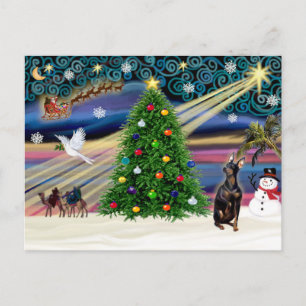 Cartão Postal De Festividades Pinscher de Miniatura Mágica de Natal (orelhas re