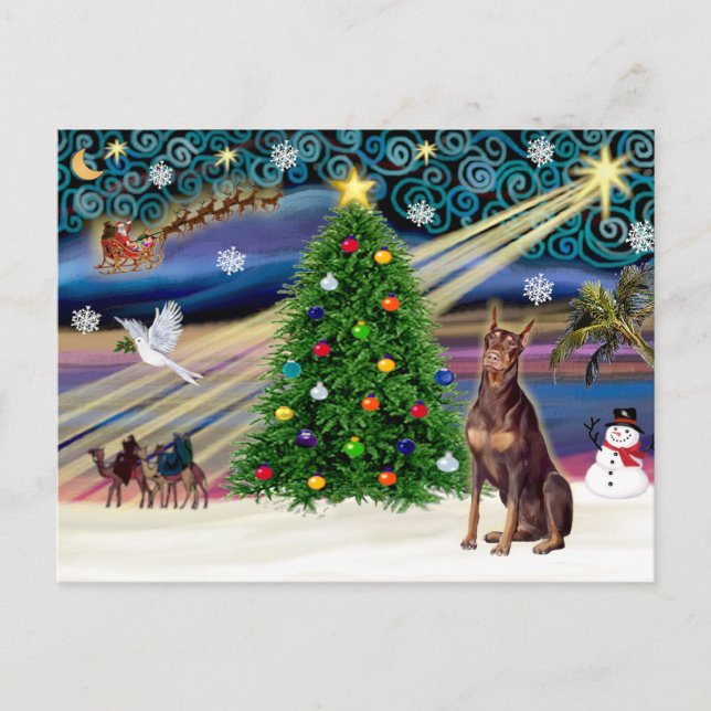 Cartão Postal De Festividades Pinscher, Doberman Magic de Natal (vermelho) (Frente)