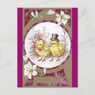Cartão Postal De Festividades Pintinho, Pintinho de Menino e Lírios Páscoas