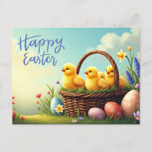 Cartão Postal De Festividades Pintinhos de corte de felz pascoa no soquete mais 