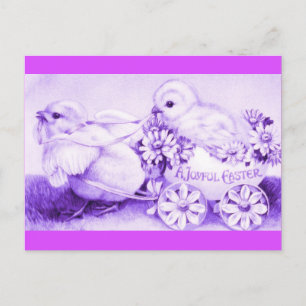 Cartão Postal De Festividades Pintinhos de Páscoa roxas com treinador de ovos de