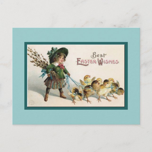 Cartão Postal De Festividades Pintinhos de Páscoas e Garota em Caminho (Frente)