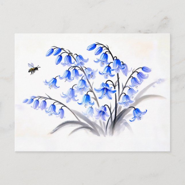 Cartão Postal De Festividades Pintura a tinta asiática com flores azuis (Frente)