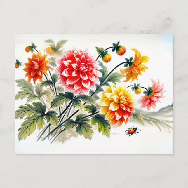 Cartão Postal De Festividades Pintura a tinta asiática Dahlias (Frente)