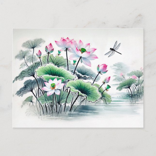 Cartão Postal De Festividades Pintura a Tinta Asiática Lotus e Dragonflies (Frente)