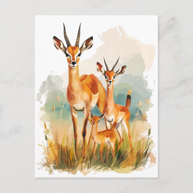 Cartão Postal De Festividades Pintura aquosa da família de antílopes em gras (Frente)