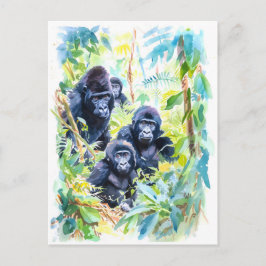 Cartão Postal De Festividades Pintura aquosa da família dos gorilas na selva