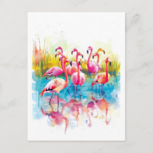 Cartão Postal De Festividades Pintura aquosa de flamingos numa lagoa