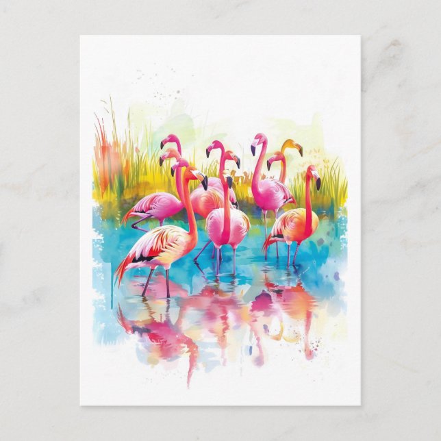 Cartão Postal De Festividades Pintura aquosa de flamingos numa lagoa (Frente)