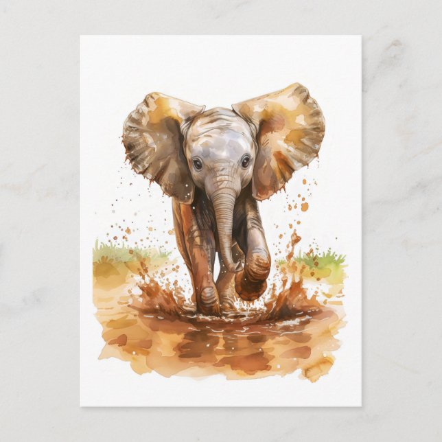 Cartão Postal De Festividades Pintura aquosa de lama de salpicos de elefante par (Frente)