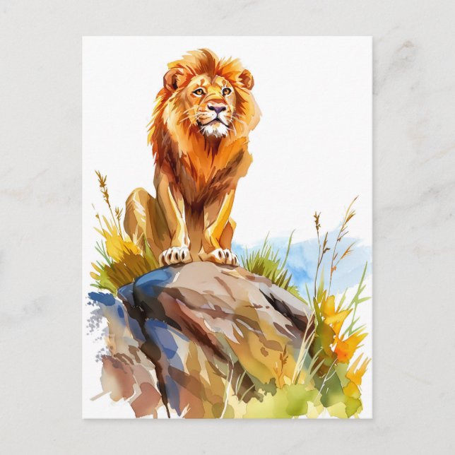 Cartão Postal De Festividades Pintura aquosa de leão sentado numa rocha (Frente)