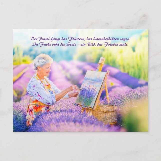 Cartão Postal De Festividades Pintura Artista em Campo de Lavanda Blooming (Frente)