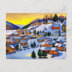 Cartão Postal De Festividades Pintura da Aldeia em Neve no amanhecer