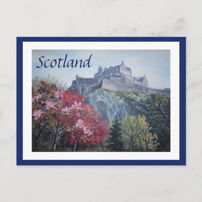 Cartão Postal De Festividades Pintura do Castelo de Edinburgh Scotland por Pola. (Frente)