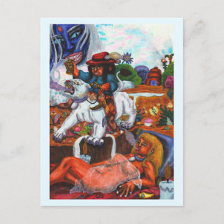 Cartão Postal De Festividades Pintura em aquarela Eros cavalga Leoa Aurora Sonho